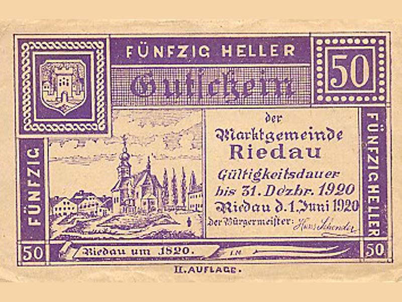 Riedau Notgeld 50 Heller aus dem Jahr 1920