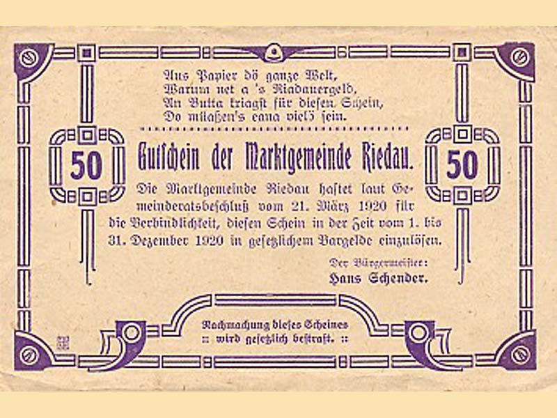 Riedau Notgeld 50 Heller aus dem Jahr 1920